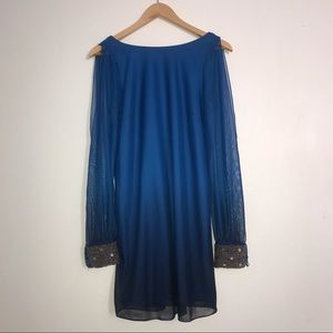 Sheer cut-out sleeve shift dress w/ beaded cuffs